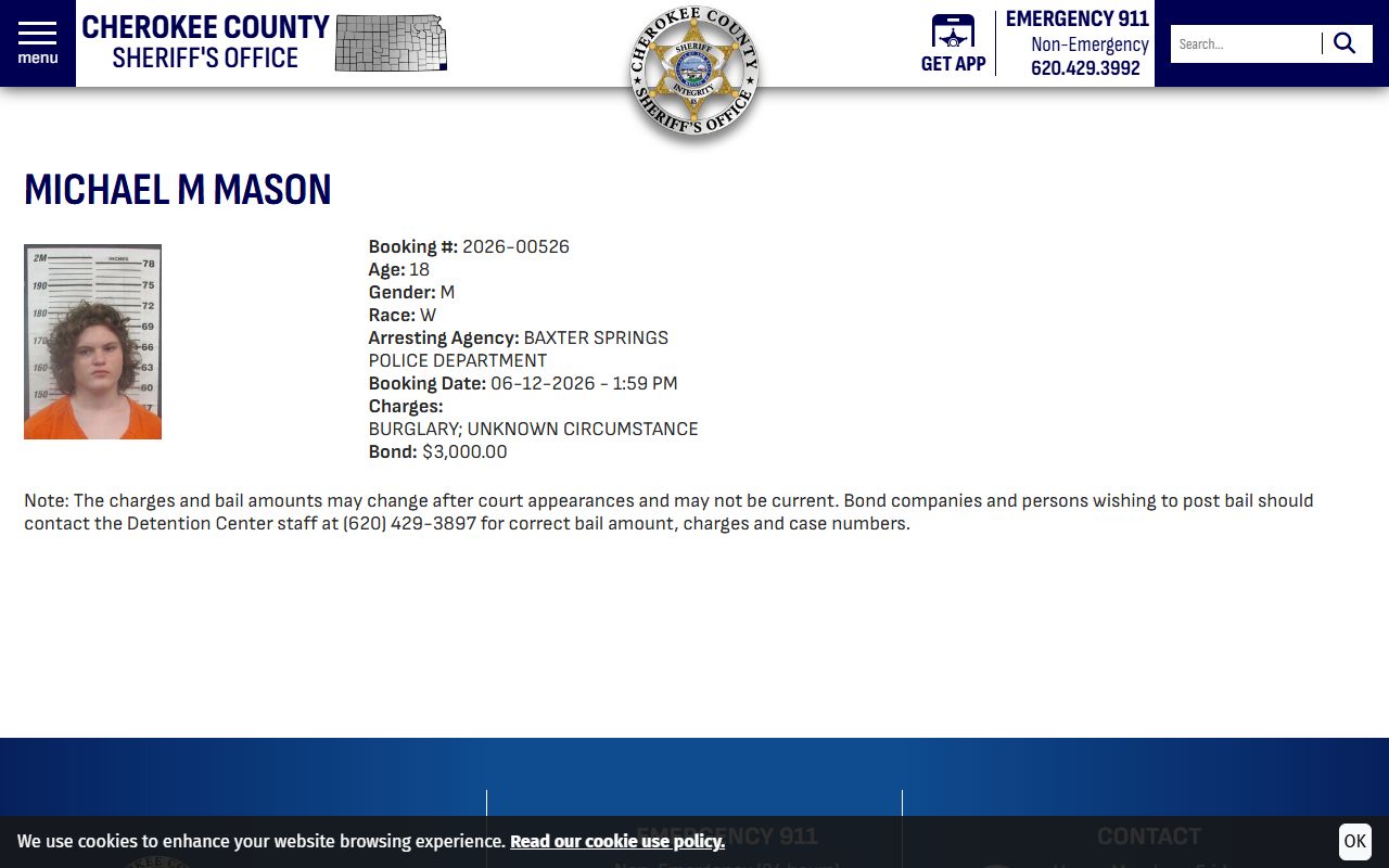Cherokee County inmate profile record with booking photo and bond warning